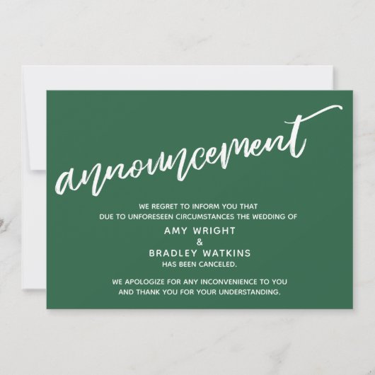 Modern handschrift geannuleerd bruiloft blad groen kaart (Voorkant)