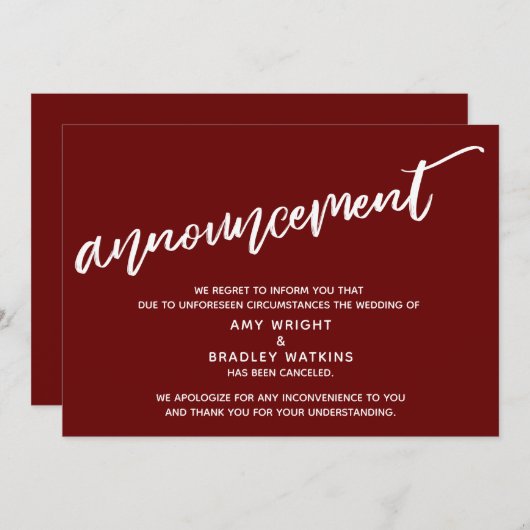 Modern handschrift geannuleerd bruiloft Bourgondië Kaart (Voorkant / Achterkant)