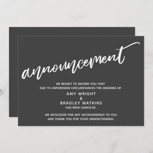 Modern handschrift geannuleerd bruiloft donkergrij kaart (Voorkant / Achterkant)