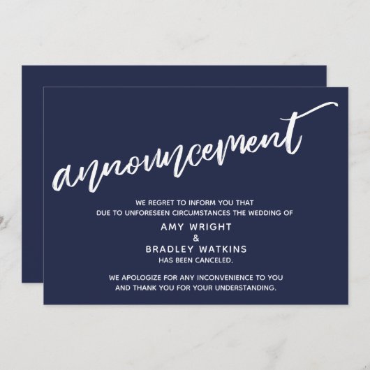 Modern handschrift geannuleerd bruiloft marine bla kaart (Voorkant / Achterkant)