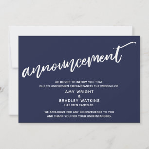 Modern handschrift geannuleerd bruiloft marine bla kaart