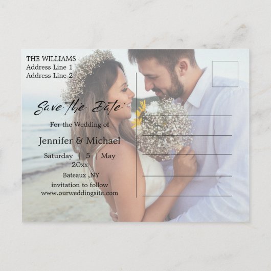 Modern handschrift paar foto opslaan van de datum aankondigingskaart (Achterkant)