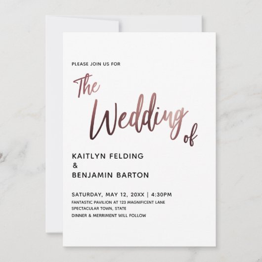 Modern Handschrift Roos Gold Wedding Invitation Kaart (Voorkant)