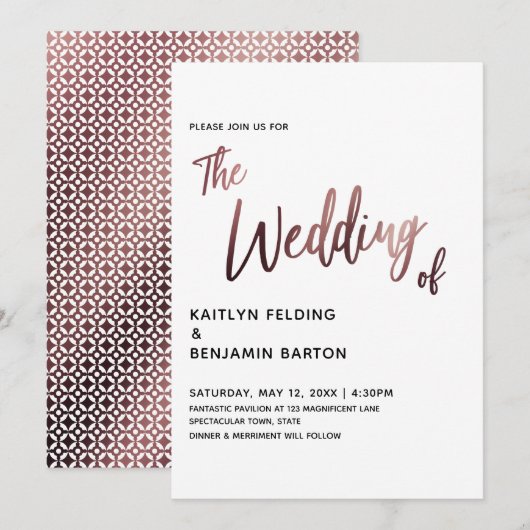 Modern Handschrift Roos Gold Wedding Invitation Kaart (Voorkant / Achterkant)