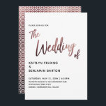 Modern Handschrift Roos Gold Wedding Invitation Kaart<br><div class="desc">Voor de kop van deze gedurfde kaarten heb ik een casual, modern, handgeschreven lettertype gebruikt om een grafische typografie-overlay te creëer met de tekst "The Wedding of". Dit afbeelding werd verfraaid met een glad faux-metallic roos gouden folie-effect voor een feestelijke sfeer. Vul de sjabloon blanks in met uw gegevens om...</div>