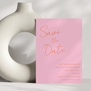 Modern handschrift roze Sinaasappel bruiloft elega Save The Date