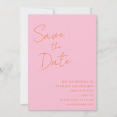 Modern handschrift roze Sinaasappel bruiloft elega Save The Date (Voorkant)
