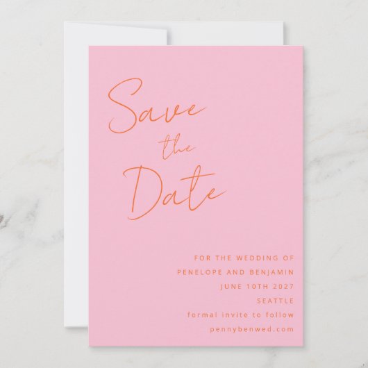 Modern handschrift roze Sinaasappel bruiloft elega Save The Date (Voorkant)