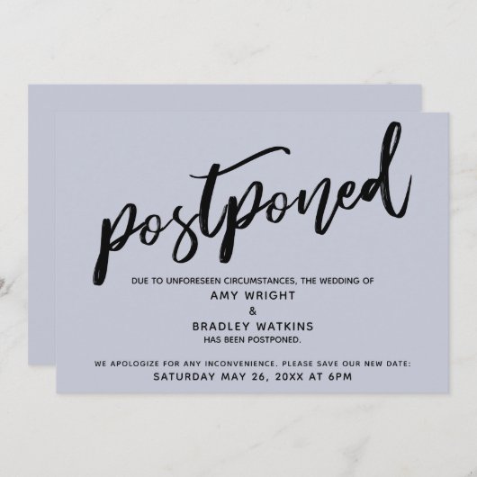 Modern handschrift uitgesteld bruiloft blauw Kaart (Voorkant / Achterkant)