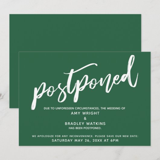 Modern handschrift uitgesteld bruiloft donkergroen kaart (Voorkant / Achterkant)