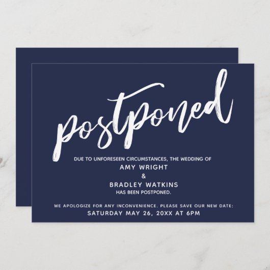 Modern handschrift uitgesteld bruiloft marine blau kaart (Voorkant / Achterkant)