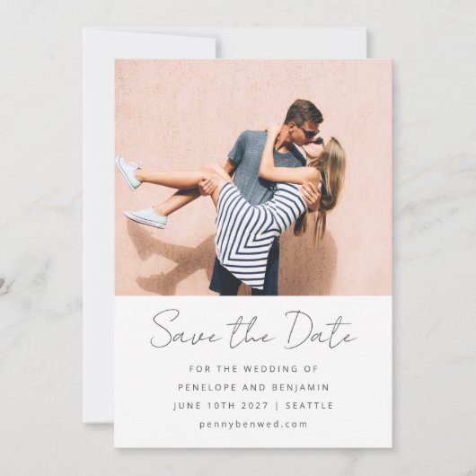 Modern handschrift zwart wit bruiloft foto save the date (Voorkant)