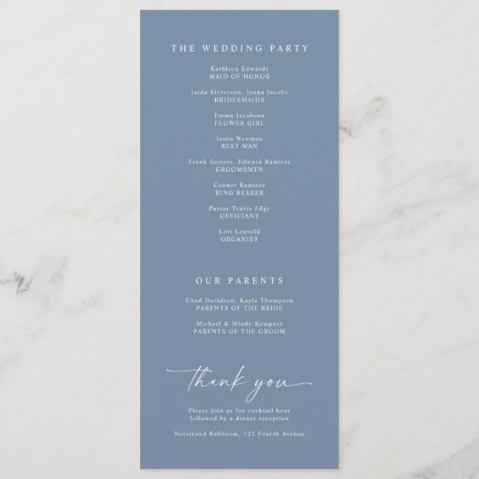 Modern Handwriting Dusty Blue Wedding Programs Programmakaart (Achterkant)