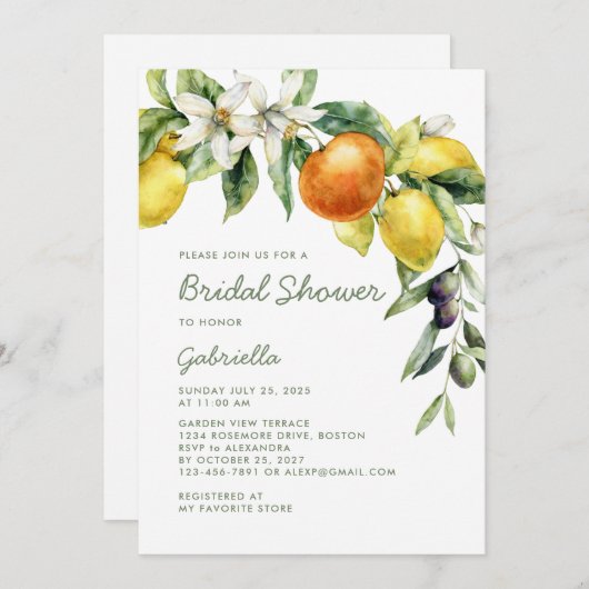 Modern Handwritte Script Citrus Bridal Shower Kaart (Voorkant / Achterkant)
