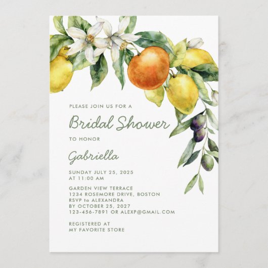 Modern Handwritte Script Citrus Bridal Shower Kaart (Voorkant)
