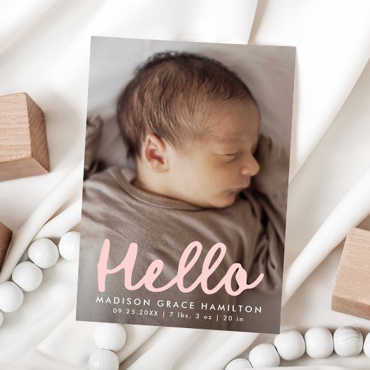 Modern Handwritten Hello Pink Photo Collage Birth Aankondiging