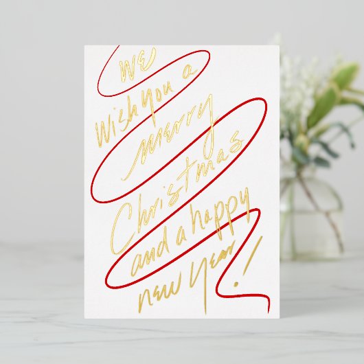 Modern Handwritten Red and Gold Script Design Folie Feestdagenkaart (Staand Voorkant)