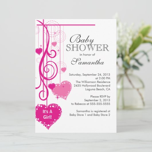 Modern Hanging Pink Hearts Baby shower Kaart (Staand voorkant)
