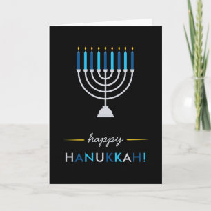 Modern Hanukkah Black met Silver Menorah en Blue Feestdagen Kaart