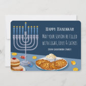 Modern Hanukkah Card: Light, Love & Latkes Menorah Feestdagenkaart (Voorkant)