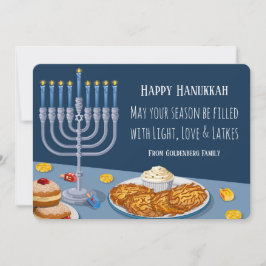 Modern Hanukkah Card: Light, Love & Latkes Menorah Feestdagenkaart