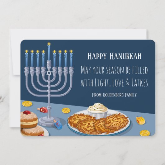 Modern Hanukkah Card: Light, Love & Latkes Menorah Feestdagenkaart (Voorkant)