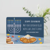 Modern Hanukkah Card: Light, Love & Latkes Menorah Feestdagenkaart (Staand voorkant)