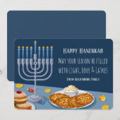 Modern Hanukkah Card: Light, Love & Latkes Menorah Feestdagenkaart (Voorkant / Achterkant)