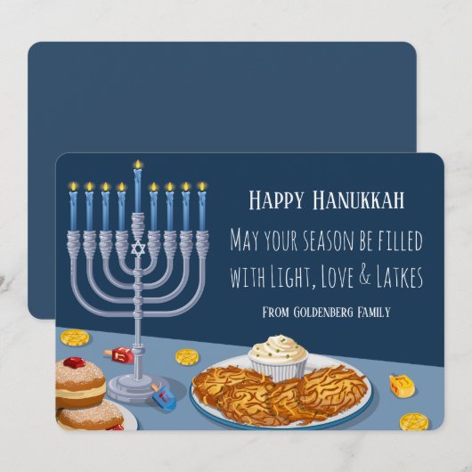 Modern Hanukkah Card: Light, Love & Latkes Menorah Feestdagenkaart (Voorkant / Achterkant)