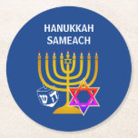 Modern HANUKKAH SAMEACH Ronde Kartonnen Onderzetter<br><div class="desc">Moderne, stijlvolle onderzetter van HANUKKAH rond papier, ontworpen met faux gold menorah, kleurrijke ster van David en white dreidel plus GREETING - HANUKKAH SAMEACH, zodat je je eigen groet kunt creëer, bijvoorbeeld. Happy Chanukah. Ideaal voor het Hanukkah-seizoen. Kies uit een breed gedeelte van Hanukkah-kleding en geschenken, ontworpen door Berean-Design. Overeenkomende...</div>