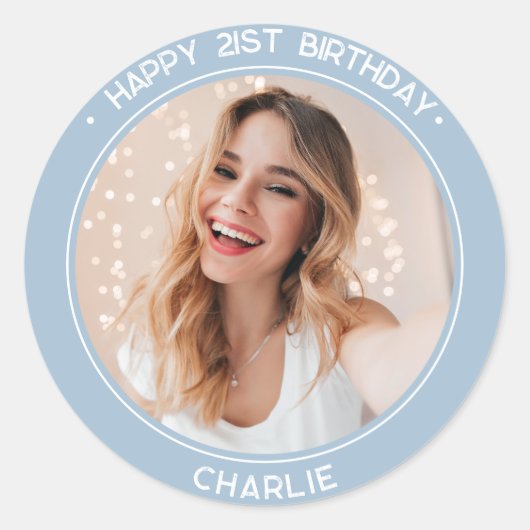 Modern Happy 21st Birthday Dusty Blue Foto Ronde Sticker (Voorkant)