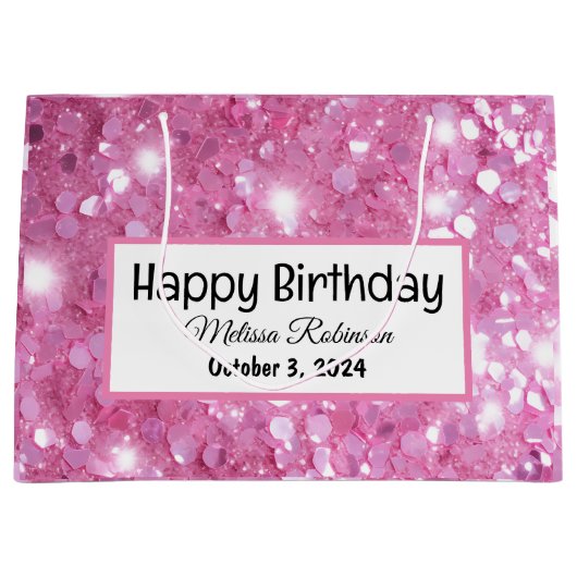 Modern Happy Birthday Pink Glitter Groot Cadeauzakje (Voorkant)