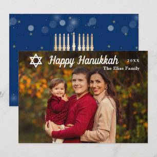 Modern Happy Hanukkah Blue en Gold Photo Feestdagenkaart