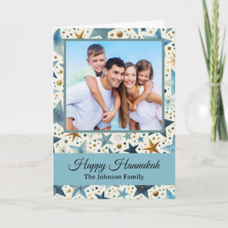 Modern Happy Hanukkah Pattern Custom Family Photo Kaart