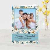 Modern Happy Hanukkah Pattern Custom Family Photo Kaart (Gele Bloem)