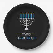 Modern Happy Hanukkah Silver Menorah over Black Papieren Bordje (Voorkant)