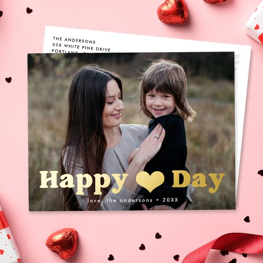 Modern Happy Heart Day Foto Valentijnsdag Gold Folie Feestdagen Briefkaart