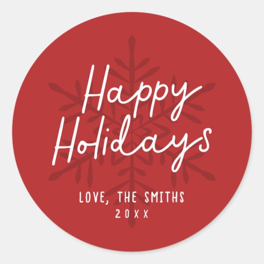 Modern Happy Holidays Script Snowflakes Christmas Ronde Sticker (Voorkant)