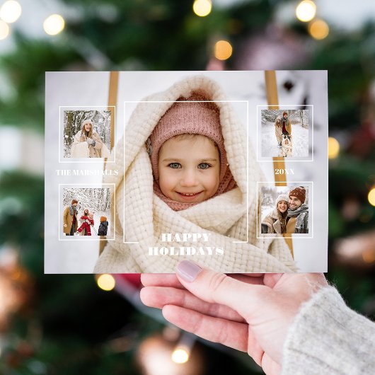 Modern Happy Holidays Thin Line Border 5-Photo Feestdagenkaart