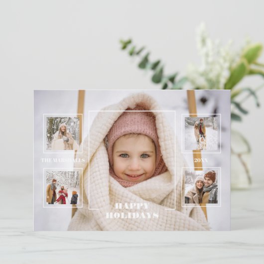Modern Happy Holidays Thin Line Border 5-Photo Feestdagenkaart (Staand voorkant)