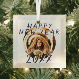 Modern Happy New Year 2023 Round Photo Glas Ornament