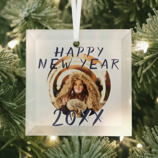 Modern Happy New Year 2023 Round Photo Glas Ornament (Insitu)