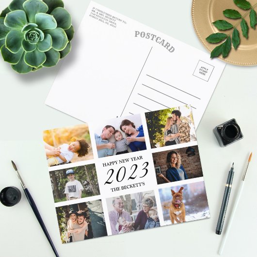 Modern Happy New Year 8 Photo Collage Feestdagenkaart