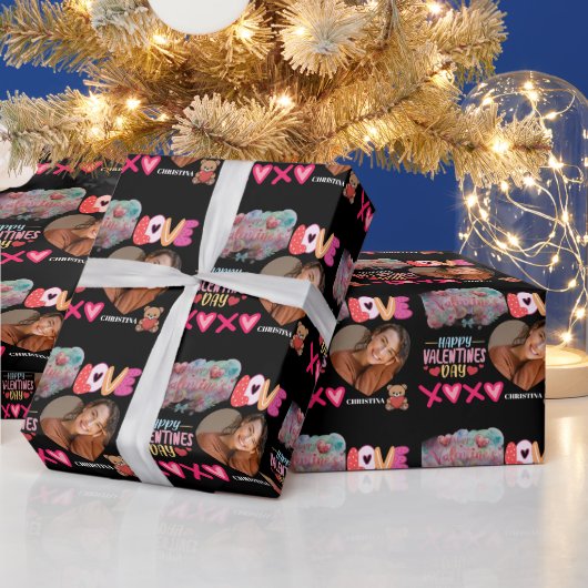 Modern Happy Valentines Day one heart Photo Name Cadeaupapier (Feestdagen)
