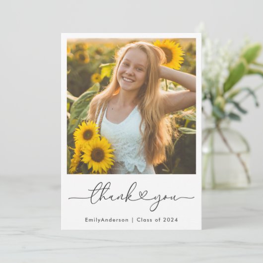 Modern hart kalligrafie Afstuderen Foto Bedankkaart (Staand voorkant)