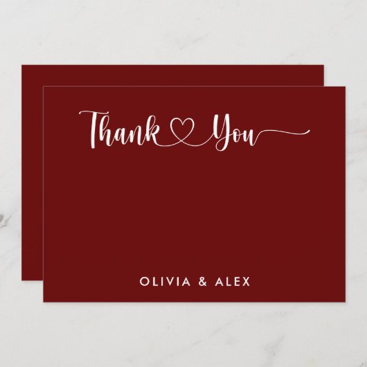 Modern hart Maroon Script gepersonaliseerde bruilo Bedankkaart (Voorkant / Achterkant)