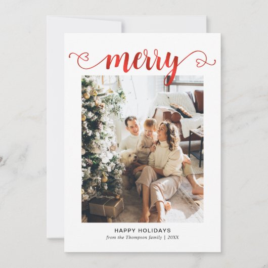 Modern hart Rood Vrolijk Script Foto Kerstmis Feestdagenkaart (Voorkant)