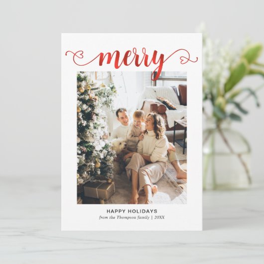 Modern hart Rood Vrolijk Script Foto Kerstmis Feestdagenkaart (Staand voorkant)