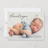 Modern Hart Script Pasgeboren Baby Foto Bedankkaart (Voorkant)