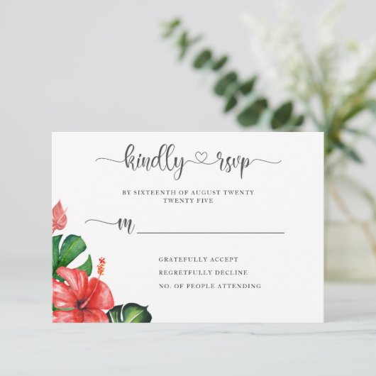 Modern Hart Script Tropisch Thematisch Antwoordkaa RSVP Kaartje (Staand voorkant)